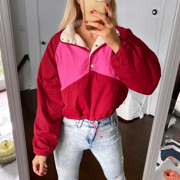 Zara Jackets & Blazers - ♥️ ZARA RED PINK COLOR BLOCK TEDDY CROPPED VINTAGE 80’s SKI BOMBER JACKET!